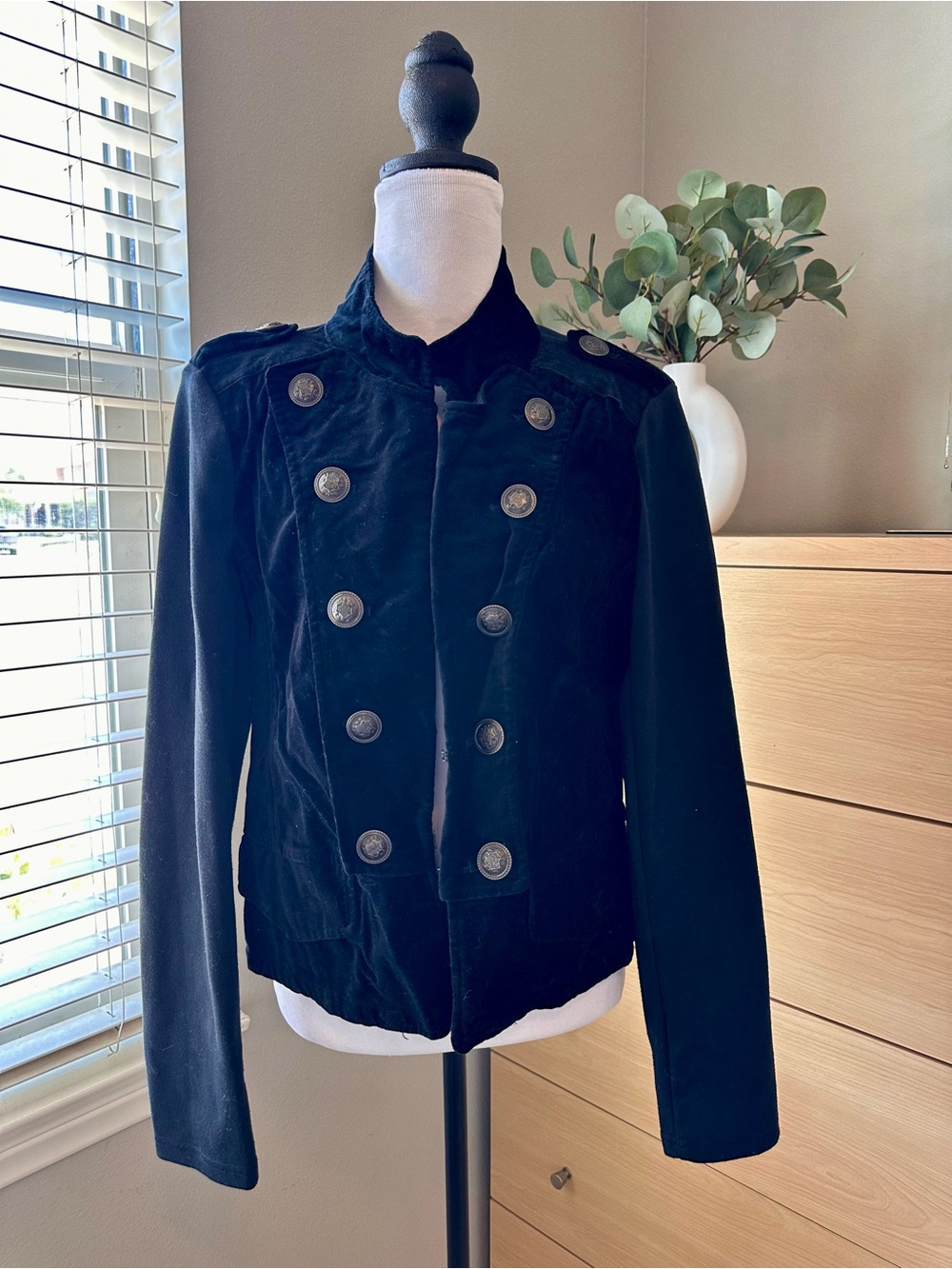 Women's Black Military-Style Velvet/Knit Blazer
